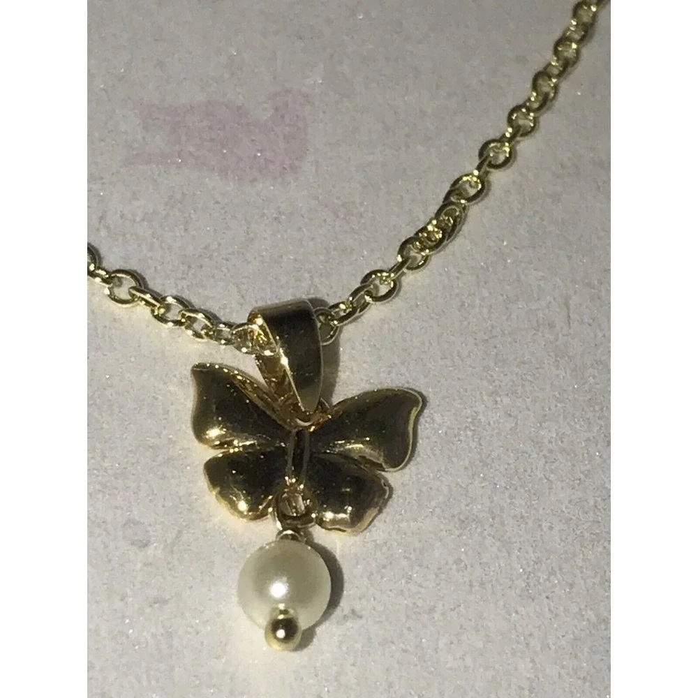 Girl Nation 14K Gold Plated Butterfly Pearl Pendant Necklace Hypoallergenic